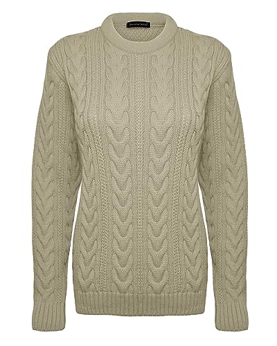 MIAN KKJ TRADERS Women Ladies Knitted Crew Neck Long Sleeves Cable Knit Jumper Sweater Top (Stone, M-L)