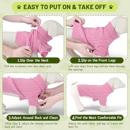 Image of Small Dog Thermal Pullover Sweater, Classic Turtleneck Cable Knitwear Dog Clothes for Cold Weather Warm Pet Clothes for Chihuahua, Bulldog, Dachshund, Pug Pink XX-Large
