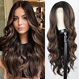 HANYUDIE Long Brown Wigs for Women Wavy Highlight Wig 28 inch Ombre Brown Wig Middle Part Natural Looking Hair Replacement Wig for Daily Party Use Highlight Wig