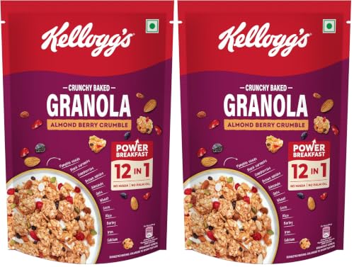 Image of Kellogg's Crunchy Almond Berry Crumble Granola 450g | 12-In-1 Power Breakfast | No Maida, No Palm Oil | Source of Protein & Fibre | Baked Multigrain Clusters (Pack of 2)