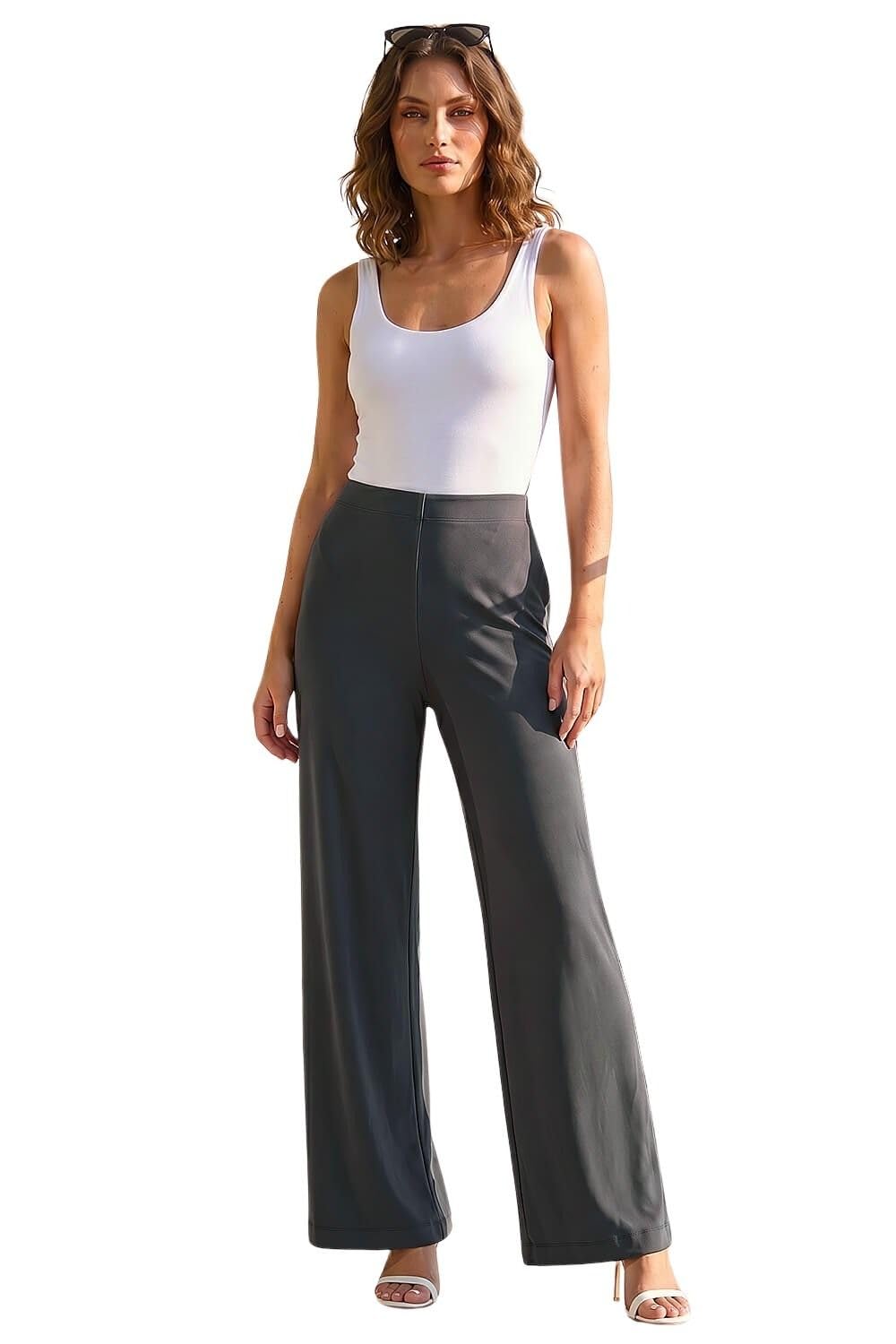 Roman Wide Leg Trousers for Women UK Ladies Palazzo Pants Evening Jersey Elasticated High Waist Smart Flared Culotte Office Work Going Out Loose Crepe Bottoms - Petite Charcoal - Size 8