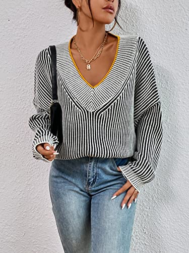Makemechic Women's Oversized Striped V Neck Sweater Long Sleeve Knitted Pullover Top Multicolor M #TOP5