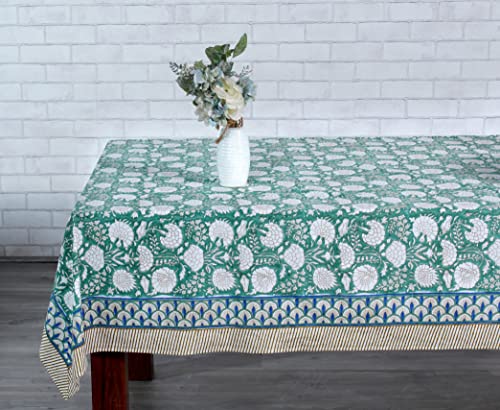 Ridhi Turquoise Green, Old Moss Green Indian Floral Hand Block Printed Cotton Cloth Tablecloth, Table Cover, Farmhouse Easter Thanksgiving Christmas (14 Seater 72X160 Inch) #TOP5