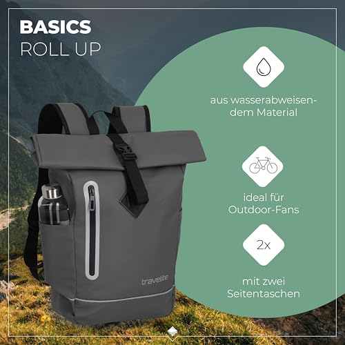 Travelite Rolltop Rucksack wasserfest, Fahrradrucksack, Freizeitrucksack mit Rolltop Verschluss & Reflektoren, BASICS, 48 cm, 19 Liter