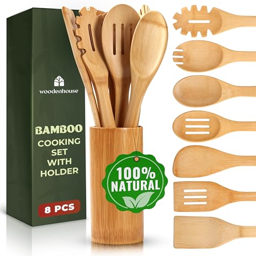 Bamboo Utensils 7 PCs with Holder – Bamboo Cooking Utensils Set + Holder for Nonstick – Wooden Spoon Sets for Cooking – Easy to Clean, Sturdy, Lightweight & Heat Resistant