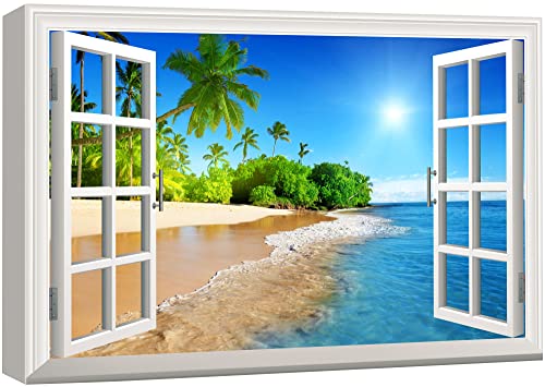 wall26 Canvas Print Wall Art - Window Frame Style Wall Art - Beautiful Tropical Beach with White Sand,Clear Sea and Palm Trees Under Blue Sunny Sky - 24" x 36"