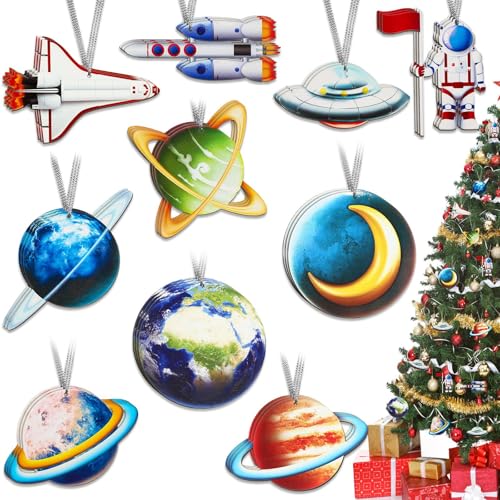 30 Pcs Outer Space Wood Hanging Ornaments for Christmas Tree and Party Decorations - Astronaut Themed Classroom Decor for Xmas