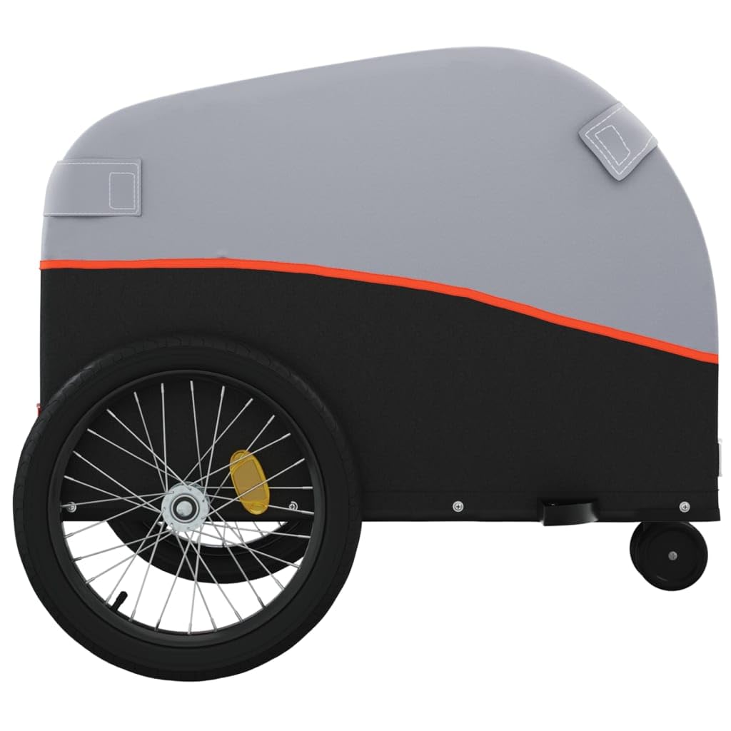 Remolque de bicicleta negro y naranja de hierro con capacidad de carga de 30 kg, 123 x 52 x 53 cm, bandera de seguridad, plegable para cargas, niños, perros, transporte al aire libre y viajes