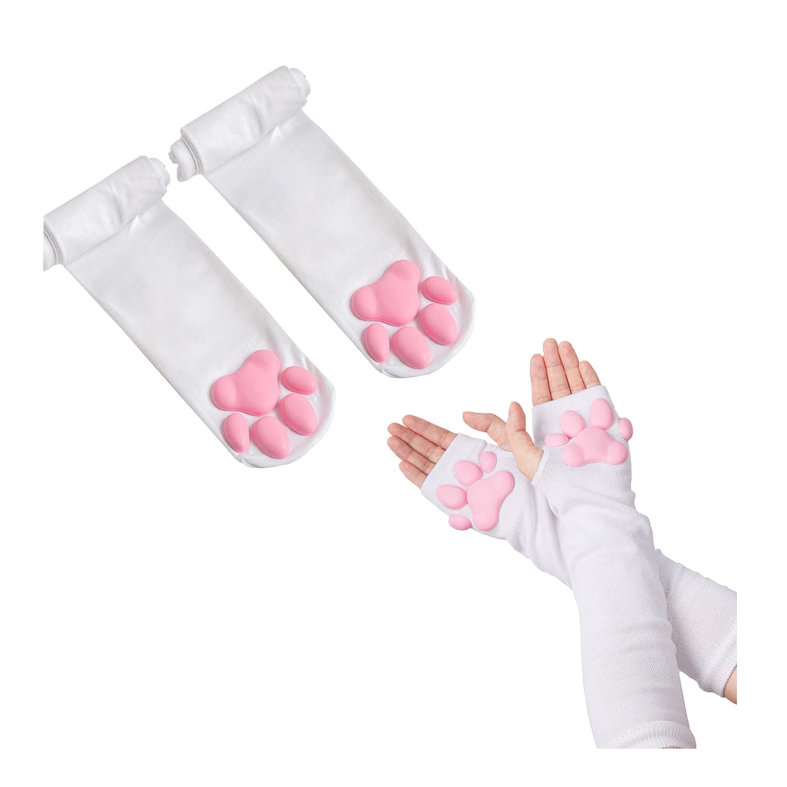 Cat Paw Thigh High Socks, Cute Soft 3D Toe Beans Socks Mittens Kitten Claw Pad Set…, One Size, White