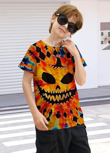 Image of Boys Halloween Shirt Tie Dye Size 9-10 Orange Short Sleeve T-Shirts Kids Colorful Graphic Tees Clothes Hippies Senior Tye Dye T Shirts