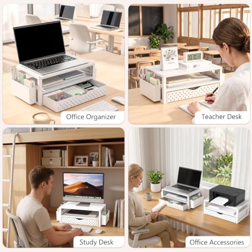 Image of WALI Desk Organizer with Drawer and Pen Holder, 3 Tier Computer Monitor Stand for Home Office Supplies, Laptop Stand Riser for Computer, Laptop, Printer(PTT004-W), 1 Pack, White