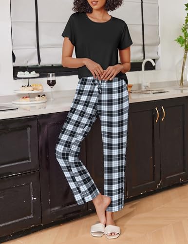 Image of Ekouaer 2 Pack Pajamas for Women Set Short Sleeve Pj Top and Printed Pants | Soft PJs Cozy Printed Lounge Sets Comfy Sleepwear with Pockets