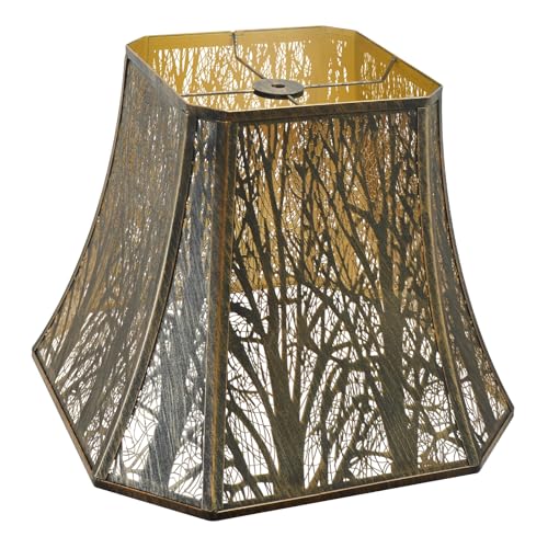 Metal Bell Lamp Shade, Large Lampshade (Spider Fitter) Square Cut Corner, Etched Forest Lamp Shades for Table Lamps and Floor Lamps, Bronze Gold Tree Pattern, 8" Top x 14" Bottom x 11" High