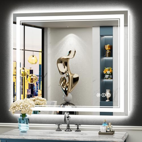 Image of 40x36 LED Bathroom Mirror with Lights, Backlit and Front Lit Anti-Fog Lighted Vanity Mirrors for Bathroom Wall, Dimmable, 3-Color Light, Memory, Shatter-Proof, HD Tempered Glass, CRI>90