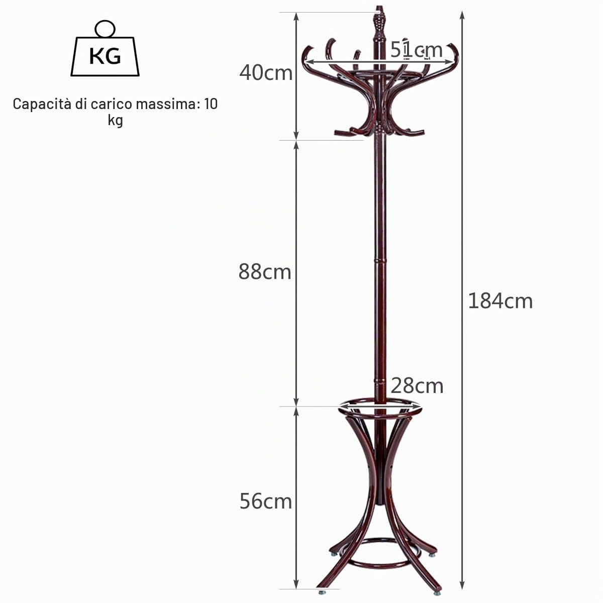HOMASIS Attaccapanni da Terra, Appendi Abiti, Appendiabiti in Legno Massiccio con 12 Ganci, Mobile per Abiti, Cappelli, Stand Appendiabiti per Corridoio, Ingresso, Ufficio, 51 x 184 cm (Marrone)