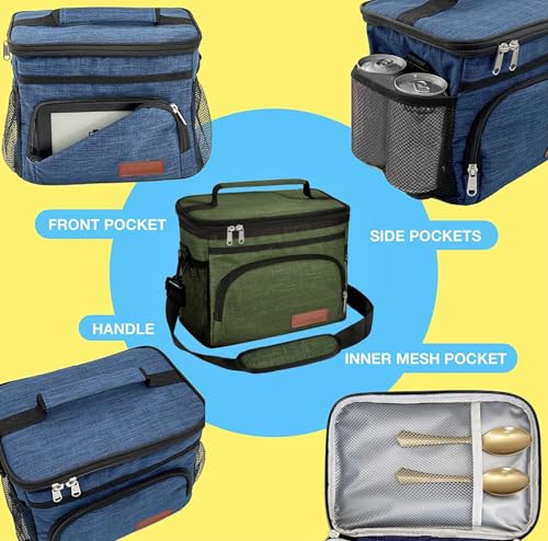 Image of Insulated Lunch Bag for Women /Men - Reusable Lunch Box for School Office Picnic Hiking Beach - Leakproof 12-Can Coke Cooler Tote Bag Organizer with Adjustable Shoulder Strap for Adults - Green