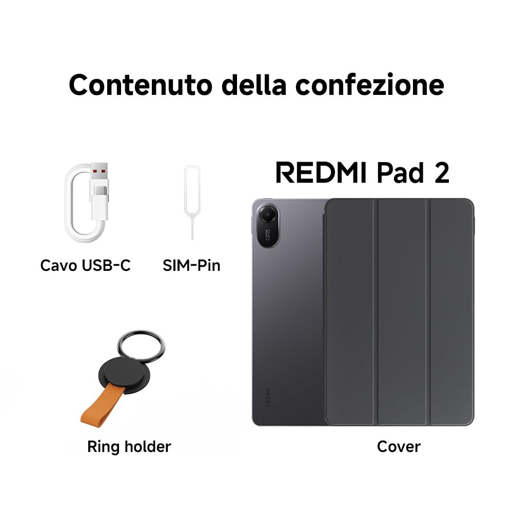 XIAOMI Redmi Pad 2 con cover, 4+128GB,Display 11" 2.5K definito, Batteria 9000mAh(typ), Processore Helio G100-Ultra, Quad speakers audio immersivo, Gray, Garanzia 2 anni (alimentatore non incluso)