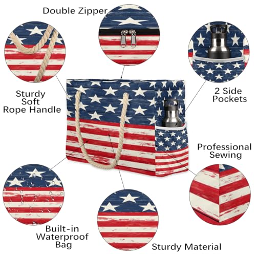 Large Beach Bags for Women, American Flag Waterproof Sandproof Beach Tote Bag Zipper Swim Pool Bag with Wet Compartment for Gifts Vacation Travel Beach Essential Weekend Bag3