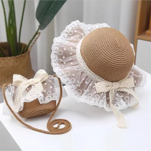 Kids Girls Straw Hat with Lace Large Wide Brim Sun Beach Princess Summer Cap and Portable Handbag2
