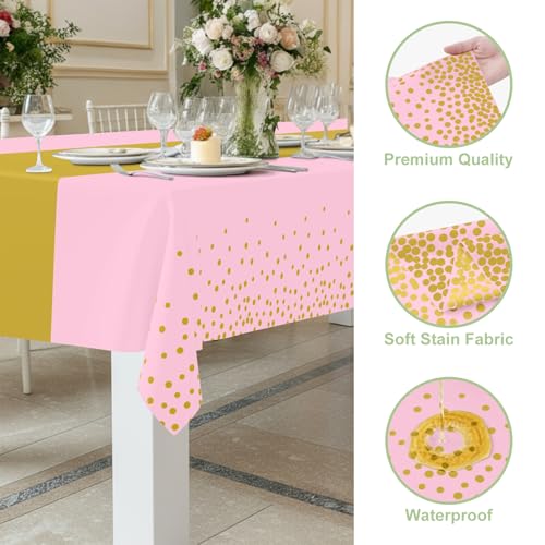 Image of Smiry Plastic Table Cloth Disposable 8 Pack, 54 x 108 Inch Rectangle Waterproof Tablecloth, Printed Gold Table Runner Style for Birthday Weeding, Party Decorations, Leakproof & Sturdy, Pink and Gold