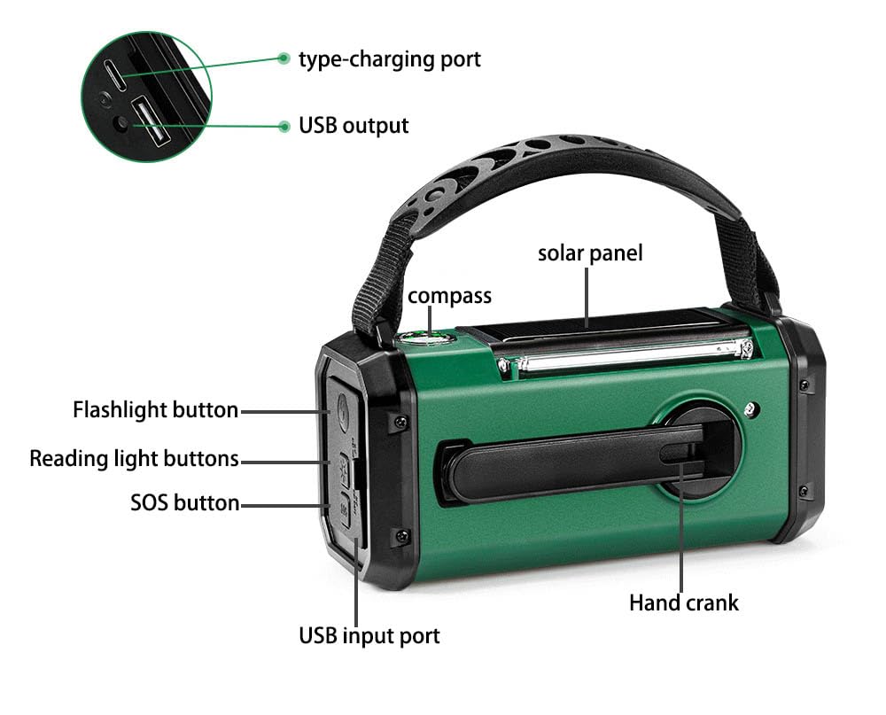 Radio AM/FM/WB Portatile Emergenza Solare,Winnes Radiolina a Manovella Dinamo con Batteria da 20000 mAh per Ricarica Telefono di Emergenza Outdoor Allarme SOS e Torci,LED Lampada da lettur - (Verde)