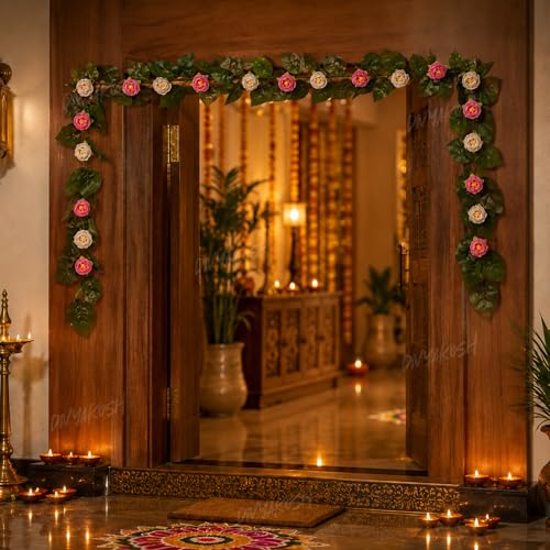 Image of Divyakosh Mango Leaf Vine with Peony Flowers, Creeper for Main Door Entrance Decor, Garland | 80 Inch Artificial Floral Door Hanging with 24 Pink White Flowers |Festive Pooja Decor for Diwali Ganpati|