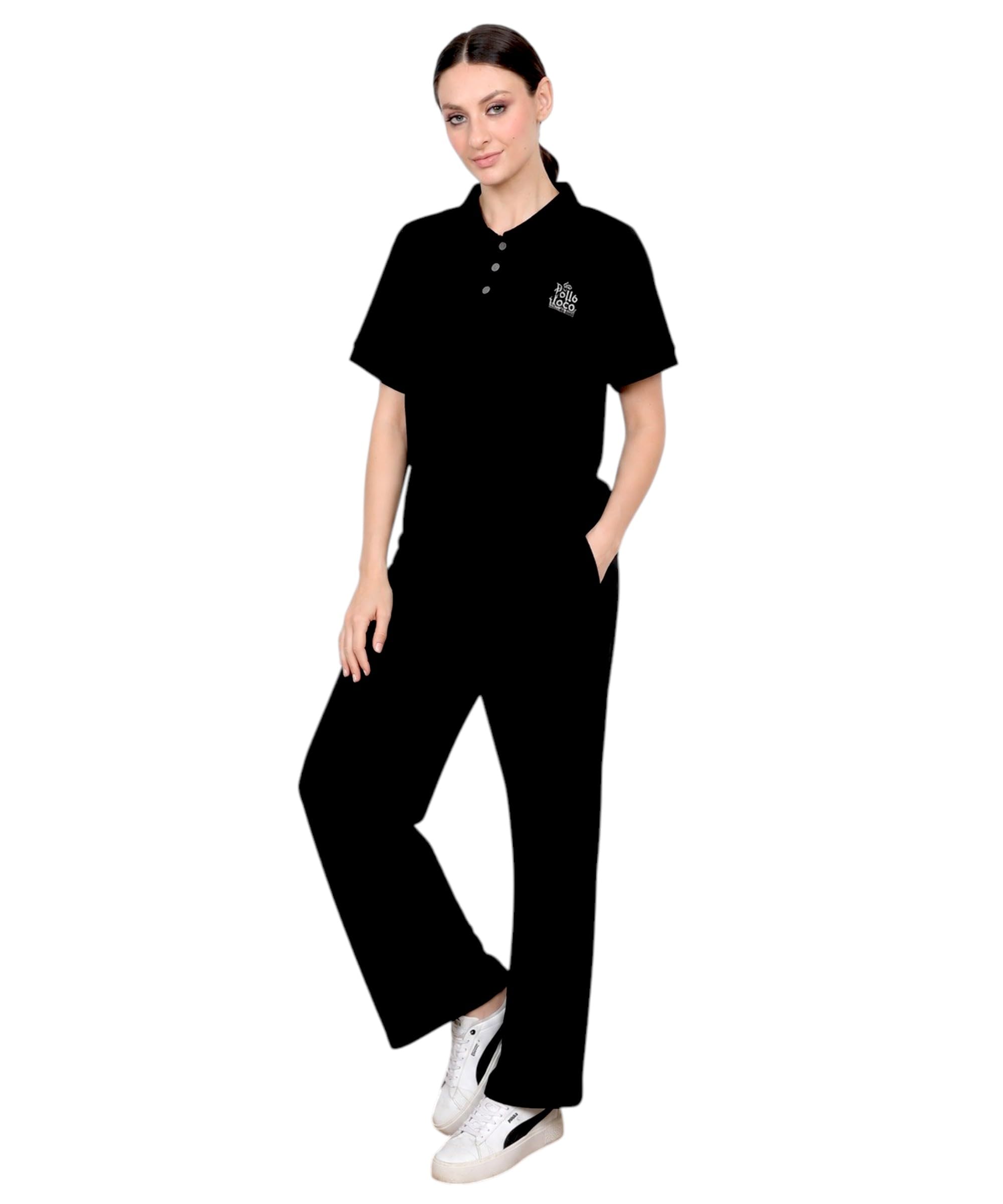 pollo loco Women Solid Oversized T-Shirt with Wide Leg Track Pants Co-Ord Set (IN, Alpha, M, Regular, BLACK)-picture-32