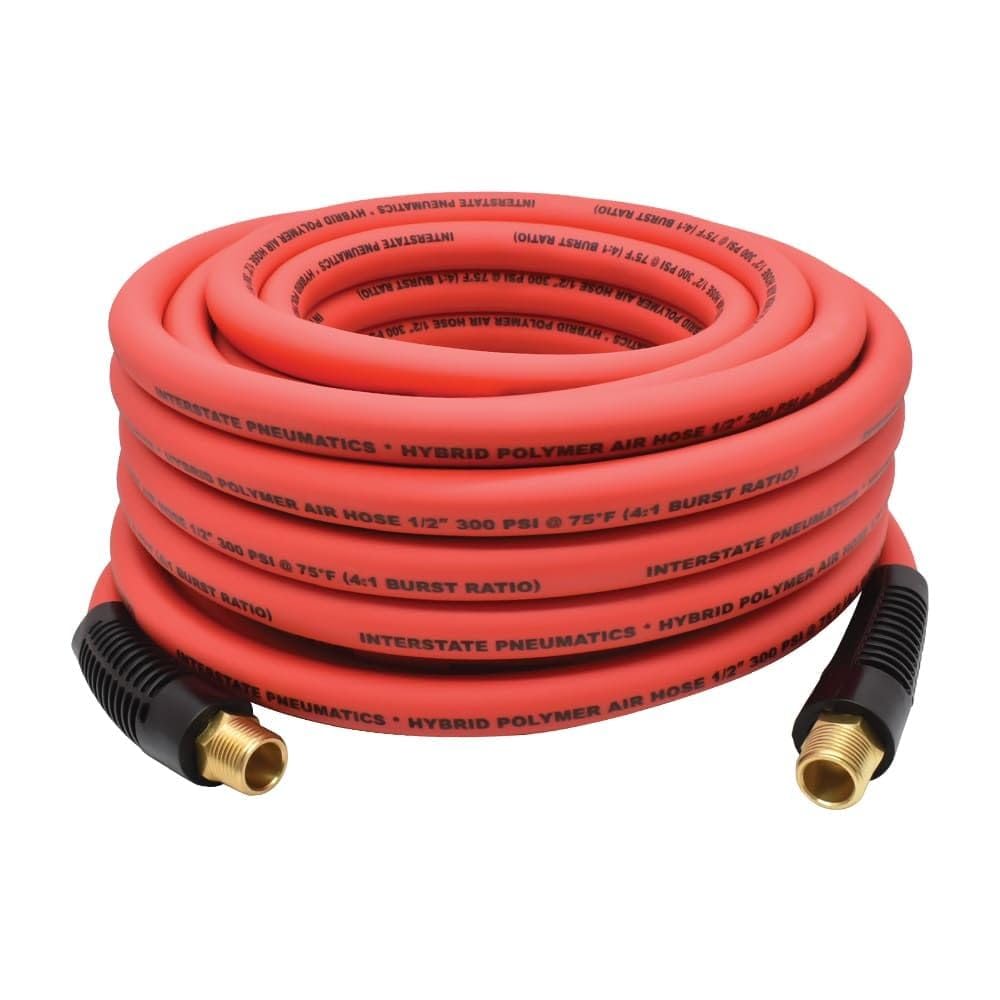 Interstate Pneumatics HH48-050 1/2 Inch x 50 ft Rhino HybridFlex Red Hybrid Air Hose WP 200 PSI (1/2 Inch NPT) Solid Fitting