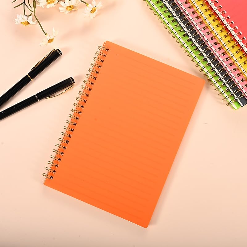 Spiralnotizbuch, A5, liniert, niedliches Notizbuch, Kunststoff, wasserdichter Einband, 60 Blatt/120 Seiten, Tagebücher für Studium und Notizen, Orange, 6 Packungen