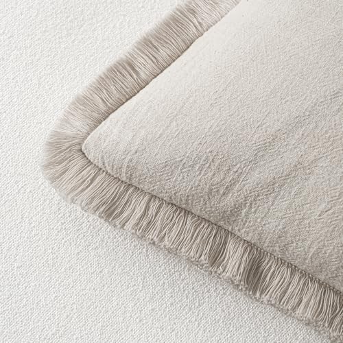 Image of MIULEE Decorative Throw Pillow Covers Neutral Linen Fringe Throw Pillows Euro Shams Set of 2 Natural Beige Boho Farmhouse Cushion Covers for Couch Sofa Bed Living Room Spring Home Decor 26x26 Inch