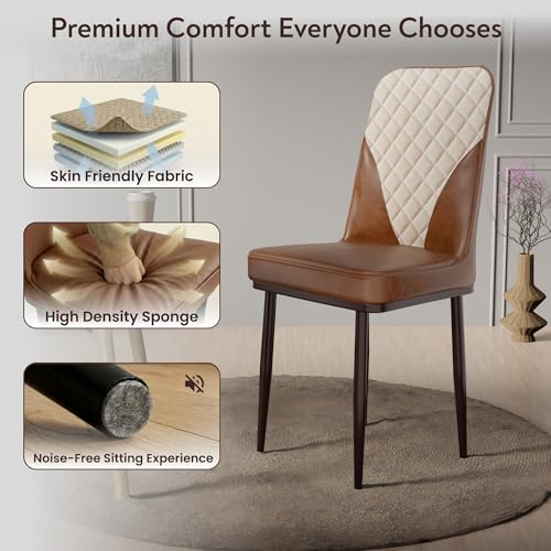 Image of IKON Premium Leather Dining Chair with Cushioned Seat & Metal Legs | Premium Accent Chair for Living Room, Bedroom & Balcony | D.I.Y (Saddle Cream)