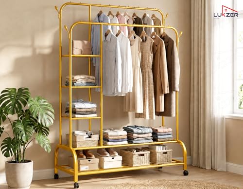 Image of Lukzer Metal Garment Stand with 6 Shelves & Double Rods, Heavy-Duty Clothing Rack with Side Hooks & Wheels, Multi-Functional Storage Organizer for Bedroom, Laundry & Entryway - (MGS-008 /Gold)