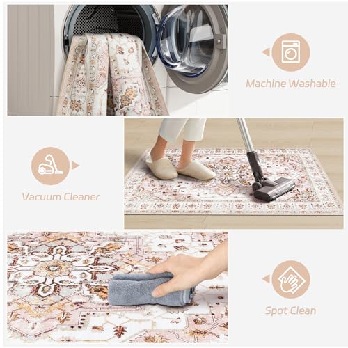 Madane Washable Area Rug 2x3, Small Entryway Rug Non-Slip Vintage Door Mat Indoor Entrance, Low Pile Floor Carpet for Inside Front Door Bedroom Kitchen Entry Laundry (2'x3', Pink)