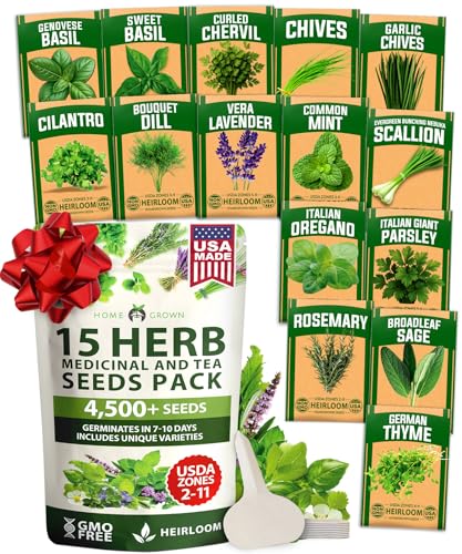 HOME GROWN 15 Herb Seeds for Planting 4,500+ Non-GMO Heirloom Seeds | Extra Large Variety Pack Herb Kit – Indoor Outdoor & Hydroponic | Culinary Seed Set | Grow Your Own Herbs | Gardening Gift
