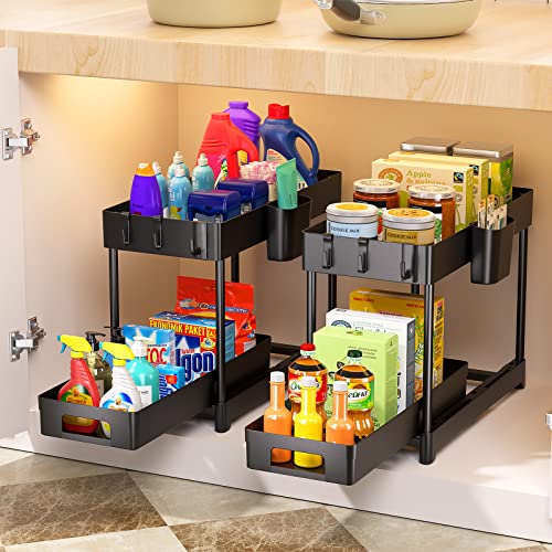 2 Pack Organizadores Bajo Fregadero con Cajón Deslizante, Organizador de 2 Niveles con 8 Ganchos y 2 Vasos Colgantes, Multiusos para Cocina y Baño, Negro miniatura 2
