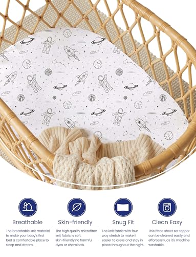 Image of TotAha Premium Soft Space Bassinet Sheet for Boy Girl, Super Stretchy Jersey Knit Bassinet Fitted Sheet, Compatible with Halo, Maxi COSI, Mika Micky, SNOO, Baby Delight Mattress, 2 Pack