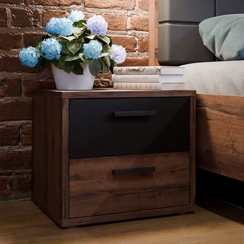 Forte Bellevue Nachttisch 50, Nachtschränkchen mit 2 Schubladen, Holzwerkstoff, Schlammeiche/Schwarzeiche Dekor, 49,8 cm breit, 44,7 cm hoch, 41,5 cm tief
