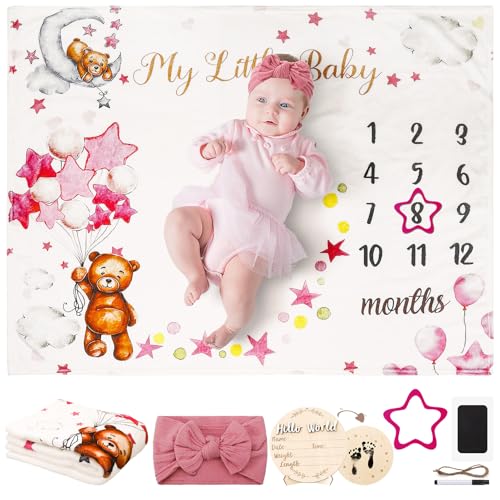 Image of Bear Monthly Milestone Blanket for Baby Girls Bear Star Balloon Flannel Blanket Newborn Infant Swaddle Baby Growth Blanket Photography Background with Wooden Signs,Frames,Headband