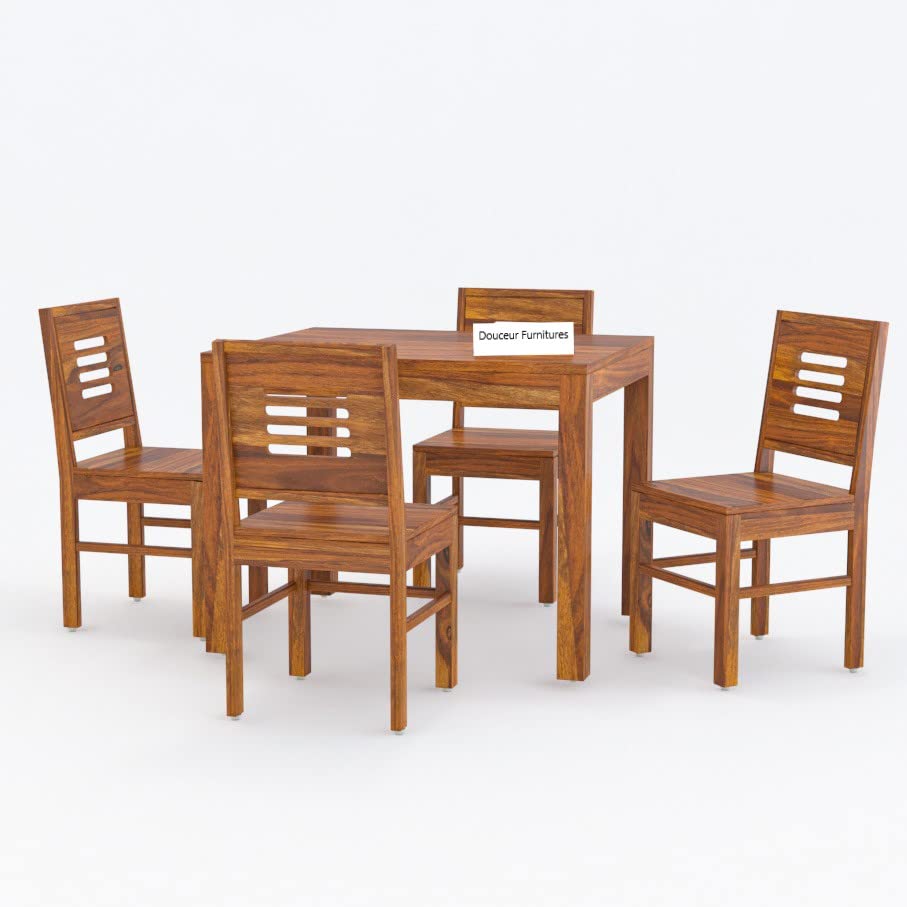 Image of Douceur Furnitures Solid Sheesham Wood 4 Seater Dining Table Set Without Cushioned Chairs for Dining Room | Living Room | Home & Office | Hotels Restaurant & Cafe Finish -Natural Teak |