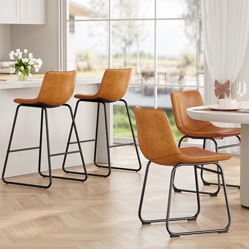 Image of REONEY Bar Stools Set of 4, 26 inch PU Leather Counter Height Barstool, Brown