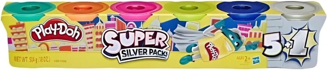 Play-Doh, Massinha de Modelar Infantil, Super Silver – Conjunto de Brinquedo com 6 Potes – A partir de 3 Anos
