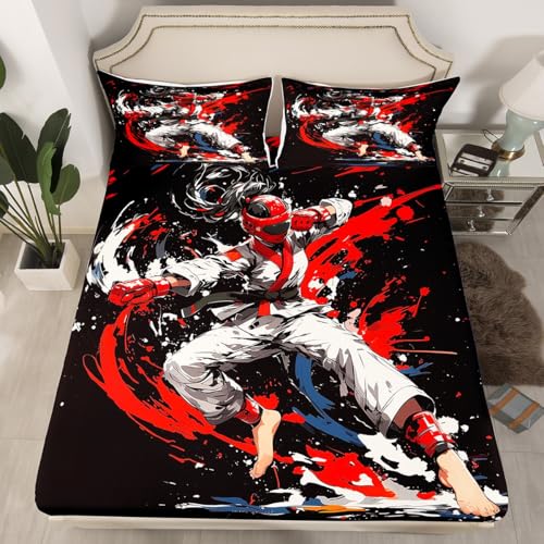 Taekwondo Fitted Sheet Twin Size Watercolor Bedding Set Kungfu Sheet Set,Japanese Sports Bed Cover Ultra Soft Breathable Bedding 2 Pcs for Kids Teens Boys