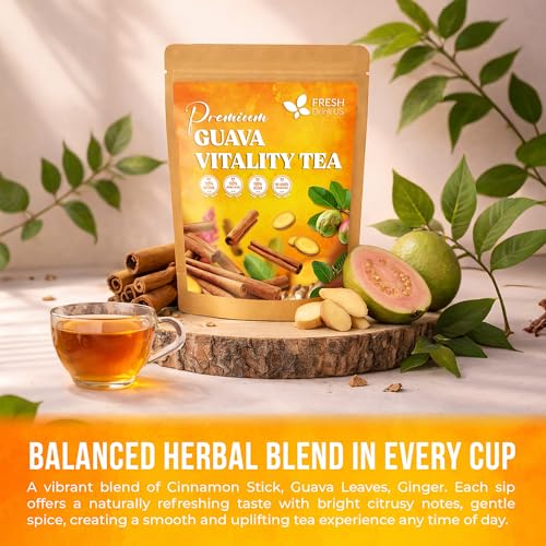 Image of FreshDrinkUS, Premium Guava Vitality Tea | 75 Tea Bags | Guava Leaves, Cinnamon Stick & Ginger Herbal Tea - Caffeine Free Botanical Infusion - Warm & Aromatic Daily Tea - 100% Natural Ingredients