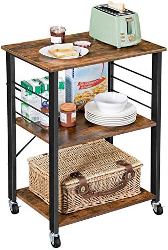 VASAGLE Kitchen Shelf on Wheels, Serving Trolley with 3 Shelves, Microwave Shelf, for Mini Oven, Toaster, with 6 Hooks, Industrial Style, Rustic Brown and Black KKS60XV1