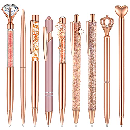 Image of Janmini Metal Ballpoint Pens Cute Diamond Pattern Journal Pens Black Ink Retractable Glitter Pens for Women School Wedding Office Home 9 Pack (Rose Gold)