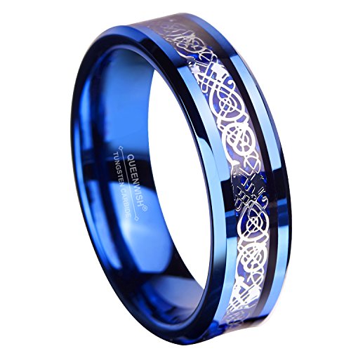 QUEENWISH 6mm Blue Mens Tungsten Wedding Bands Celtic Dragon Blue Carbon Fibre Inlay Mens Wedding Band Comfort Fit Size 12.5