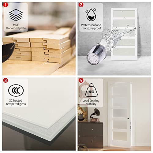 Image of 28 inch x 80 inch French Interior Door, 5 Lite Tempered Frosted Glass Panel for Pantry & Bedroom, Single Pre-drilled Holes Slab Door, White Primed, Assembly Required (Hinges Not Included)