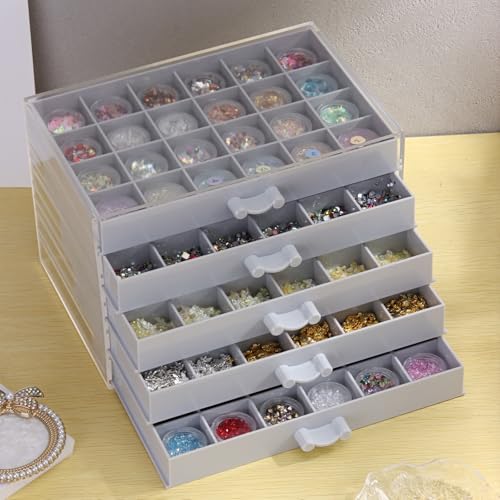 SUTOKAKA 5 Drawers Jewelry Earring Storage Organizer Acrylic Ring Display Holder Stand with 120 Fixed Compartments Crystal Gems Rock Collection Case Box for Women Girls Collectibles, Grey