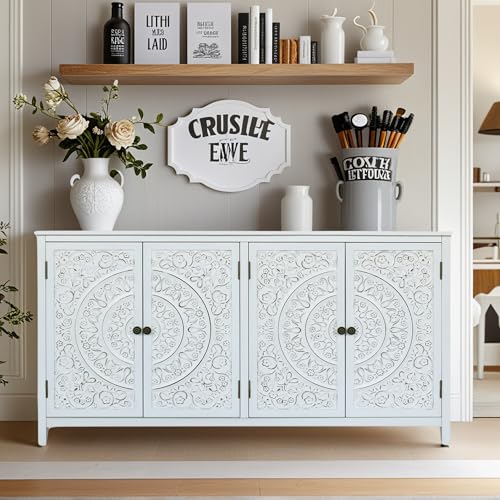 Image of 60 inch Antique White Solid Wood Buffet Cabinet - Carved Sideboard for Entryway, Accent Cabinet for Living & Dining Room