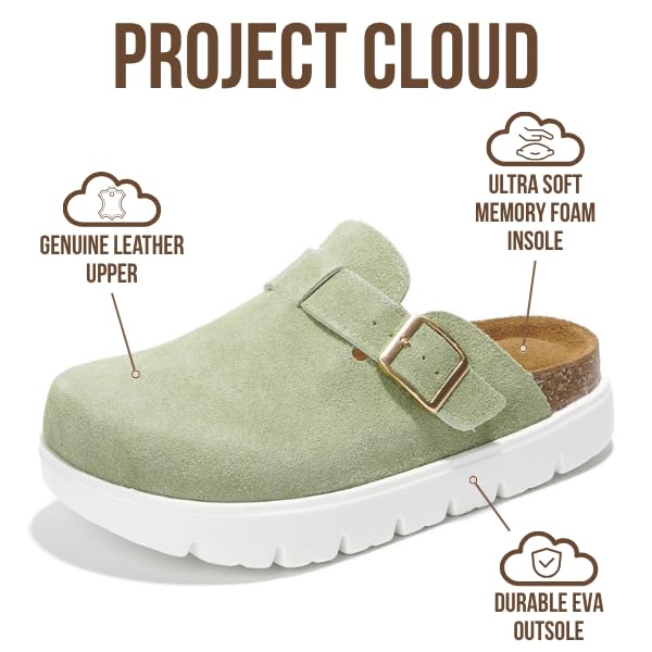 Project Cloud Genuine Leather Platform Clogs for Women Footwear - Memory Foam Arch Support Cork Footbed Casual Shoes & Mules for Women 2025 (Benton Chunky)
